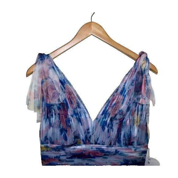 NWT Mac Duggal 113312 FLORAL PRINT RUCHED SOFT TIE SLEEVELESS GOWN BLUE MULTI - Picture 7 of 9